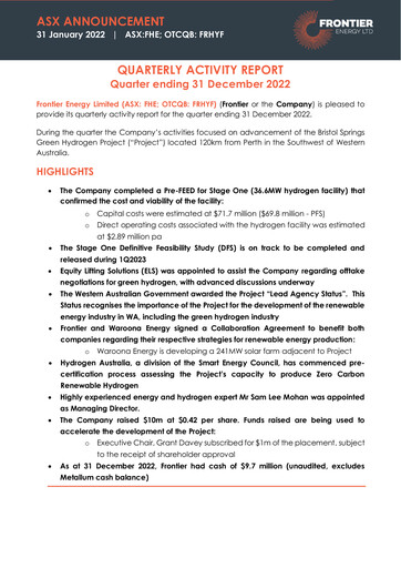 Miniature Frontier Energy Limited Rapport trimestriel 2022-q4
