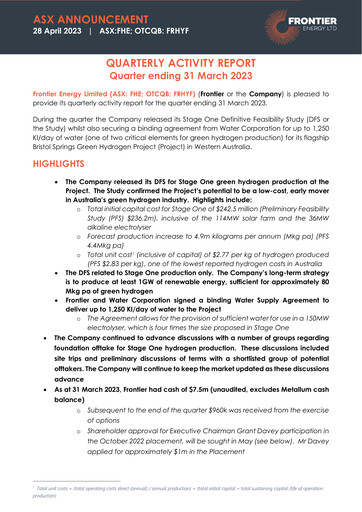 Miniature Frontier Energy Limited Rapport trimestriel 2023-q1