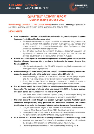 Miniature Frontier Energy Limited Rapport trimestriel 2023-q2