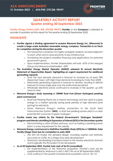 Miniature Frontier Energy Limited Rapport trimestriel 2023-q3