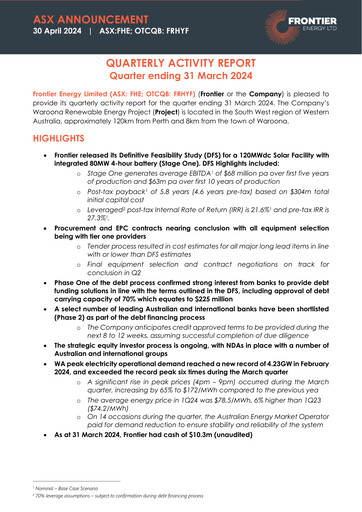 Miniature Frontier Energy Limited Rapport trimestriel 2024-q1