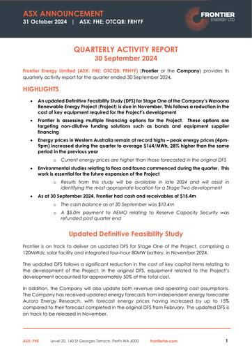 Miniature Frontier Energy Limited Rapport trimestriel 2024-q3