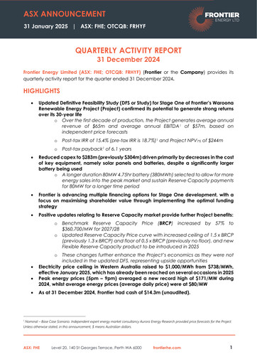 Miniature Frontier Energy Limited Rapport trimestriel 2024-q4
