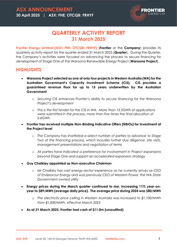 Miniature Frontier Energy Limited Rapport trimestriel 2025-q1
