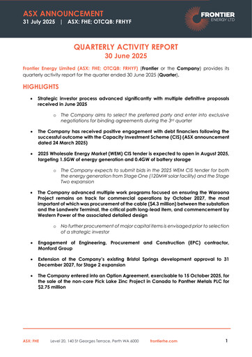Miniature Frontier Energy Limited Rapport trimestriel 2025-q2