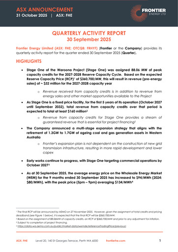 Miniature Frontier Energy Limited Rapport trimestriel 2025-q3