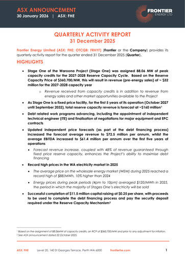 Miniature Frontier Energy Limited Rapport trimestriel 2025-q4