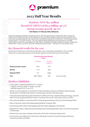 Vorschaubild Praemium Limited Halbjahresbericht 2023-h1