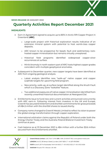 Thumbnail GreenX Metals Quarterly Report 2021-q4