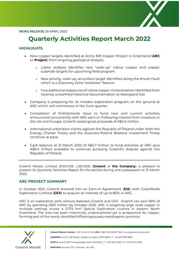 Thumbnail GreenX Metals Quarterly Report 2022-q1