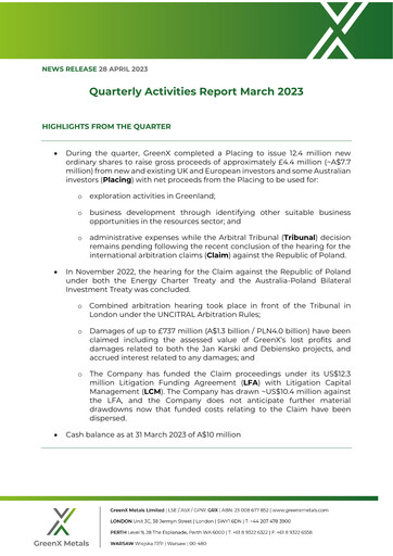 Thumbnail GreenX Metals Quarterly Report 2023-q1