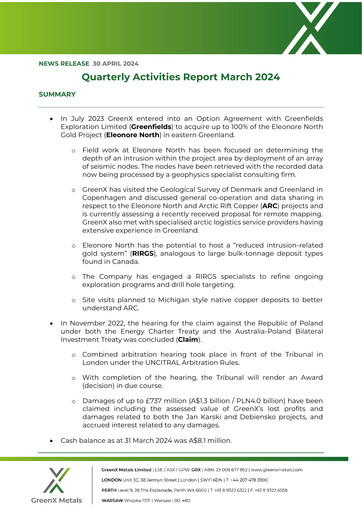 Thumbnail GreenX Metals Quarterly Report 2024-q1