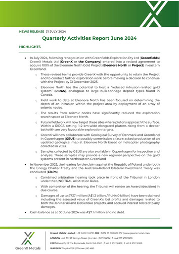Thumbnail GreenX Metals Quarterly Report 2024-q2