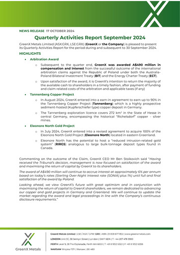 Thumbnail GreenX Metals Quarterly Report 2024-q3