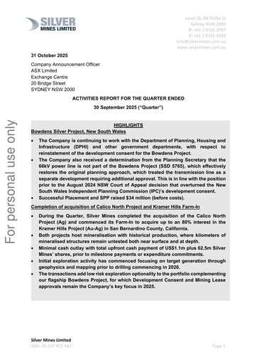 Thumbnail Silver Mines Limited Quarterly Report 2025-2026-q1
