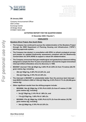 Thumbnail Silver Mines Limited Quarterly Report 2025-2026-q2