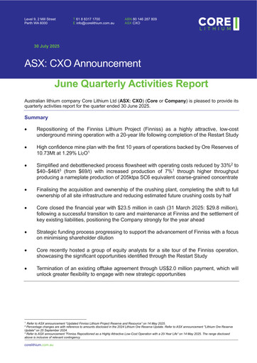 Miniature Core Lithium Ltd Rapport trimestriel 2024-2025-q4