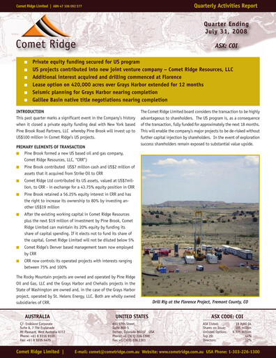 Thumbnail Comet Ridge Quarterly Report 2008-q4