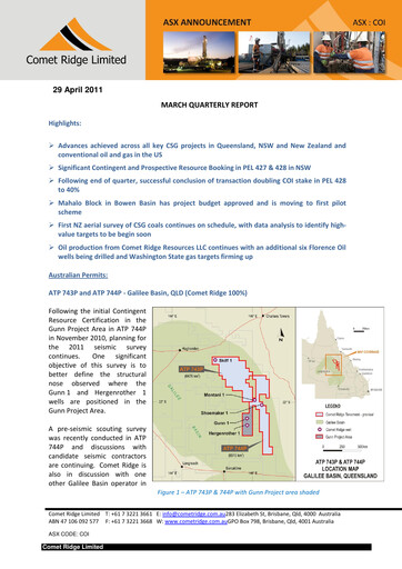 Thumbnail Comet Ridge Quarterly Report 2011-q3