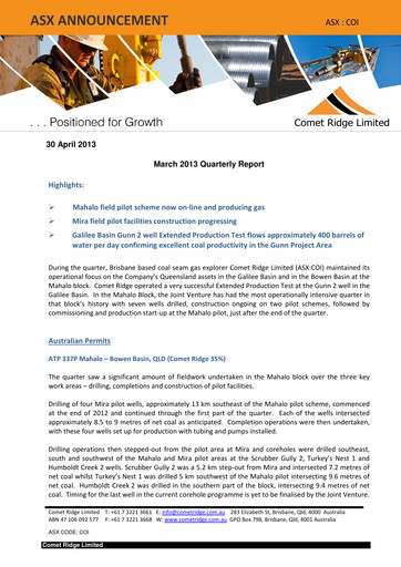 Thumbnail Comet Ridge Quarterly Report 2013-q3