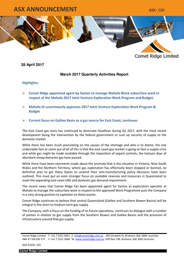 Thumbnail Comet Ridge Quarterly Report 2017-q3