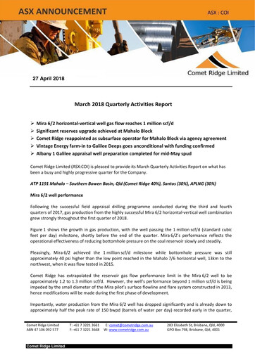 Thumbnail Comet Ridge Quarterly Report 2018-q3