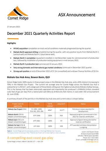 Thumbnail Comet Ridge Quarterly Report 2022-q2