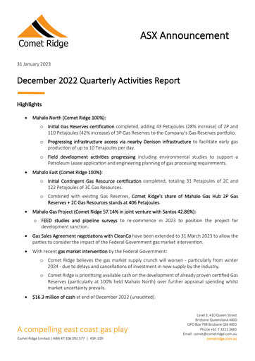 Thumbnail Comet Ridge Quarterly Report 2023-q2