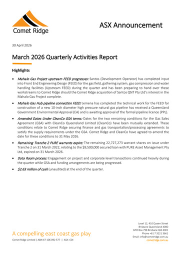 Thumbnail Comet Ridge Quarterly Report 2026-q1
