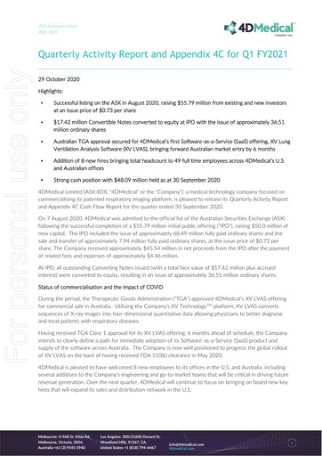 Thumbnail 4DMedical Limited Quarterly Report 2020-q3
