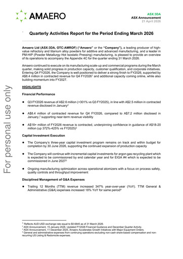 Thumbnail Amaero International Ltd Quarterly Report 2026-q1