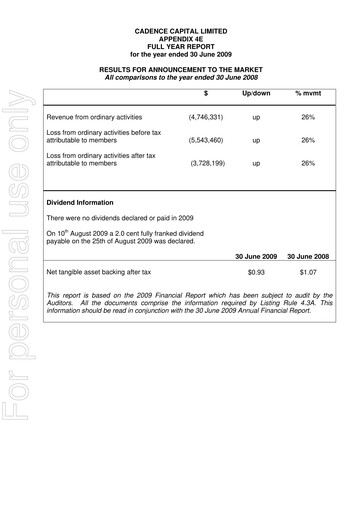Thumbnail Cadence Capital Limited Annual Report 2009