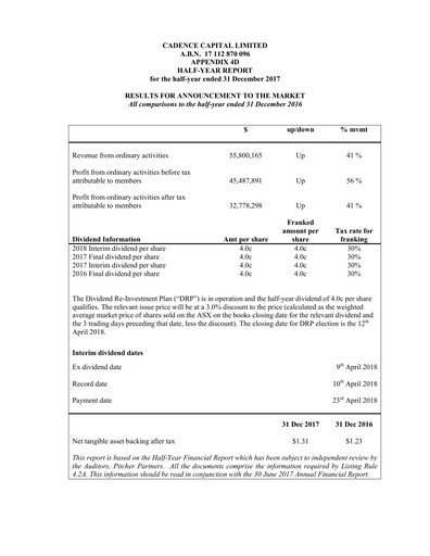 Thumbnail Cadence Capital Limited Financial Report 2018-h1