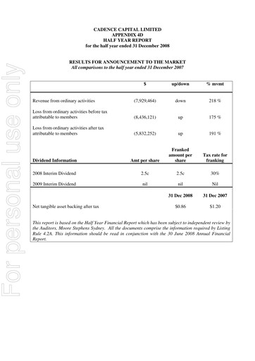 Miniature Cadence Capital Limited Rapport semestriel 2008-h1