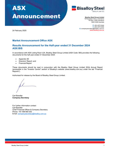 Thumbnail Bisalloy Steel Group Half-year Report 2025-h1