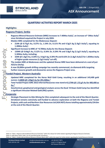 Thumbnail Strickland Metals Limited Quarterly Report 2025-q1