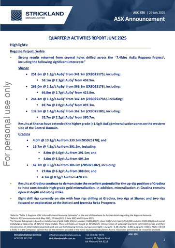 Thumbnail Strickland Metals Limited Quarterly Report 2025-q2