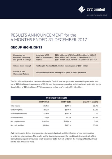 Thumbnail CVC Limited Financial Report 2018-h1