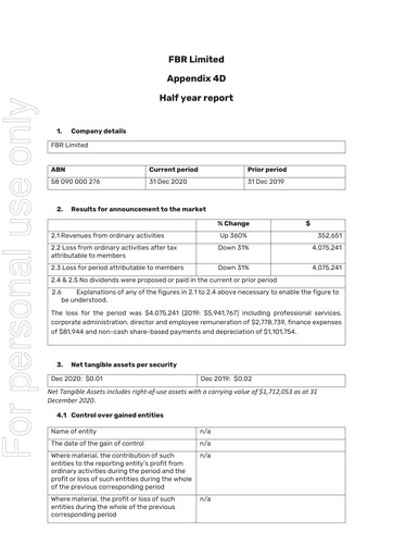 Miniature FBR Limited Rapport semestriel 2020-h2