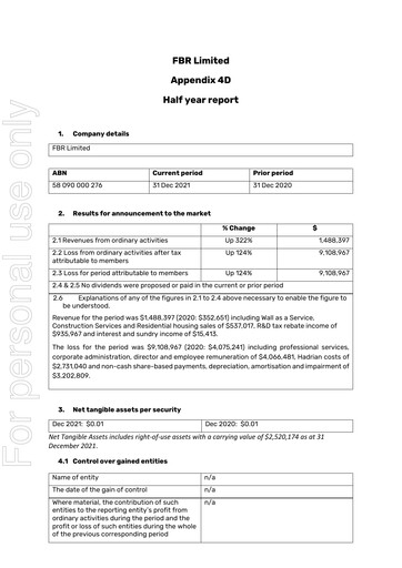 Miniature FBR Limited Rapport semestriel 2021-h2
