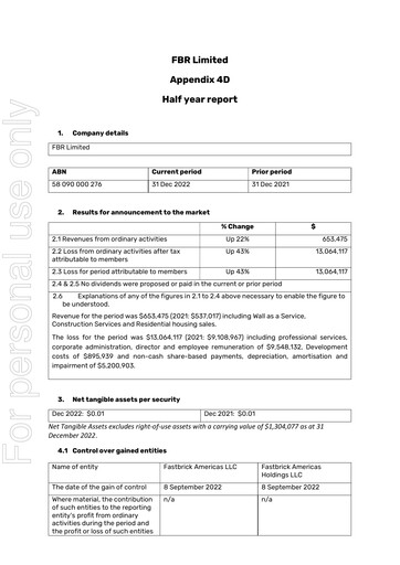 Miniature FBR Limited Rapport semestriel 2022-h2
