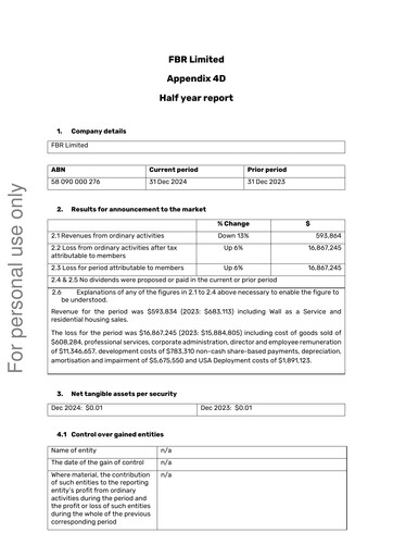 Miniature FBR Limited Rapport semestriel 2024-h2