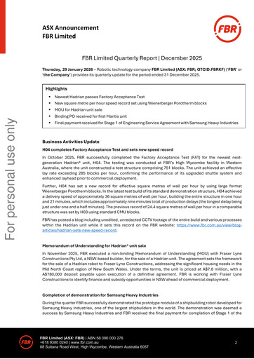 Miniature FBR Limited Rapport trimestriel 2025-q4