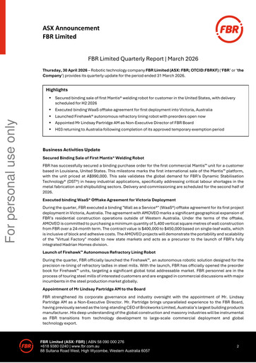Miniature FBR Limited Rapport trimestriel 2026-q1