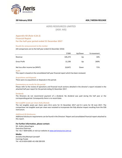 Thumbnail Aeris Resources Financial Report 2018-h1