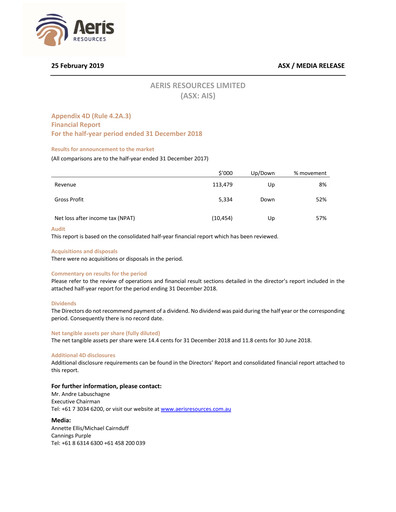 Thumbnail Aeris Resources Financial Report 2019-h1