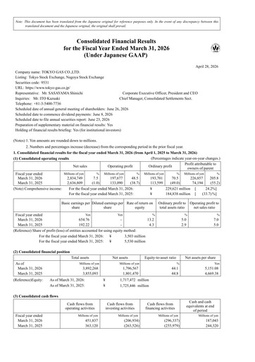 Thumbnail Tōkyō Gas
 Financial Statement fy2026