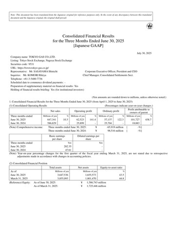 Thumbnail Tōkyō Gas
 Quarterly Report fy2025-q1