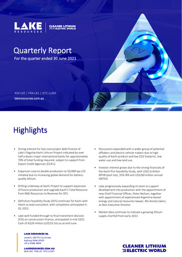 Thumbnail Lake Resources NL Quarterly Report 2021-q2