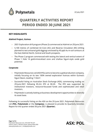 Miniature Polymetals Resources Rapport trimestriel 2021-q2